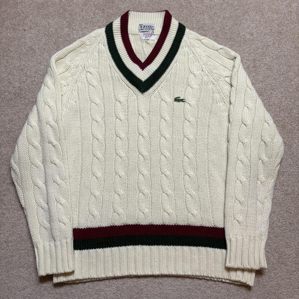 Vtg Izod Lacoste Sweater Mens Large White Cable Knit Cricket V Neck 80s Preppy